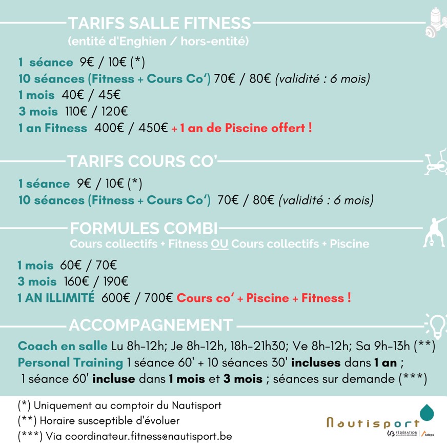 Tarifs fitness/cours co'
